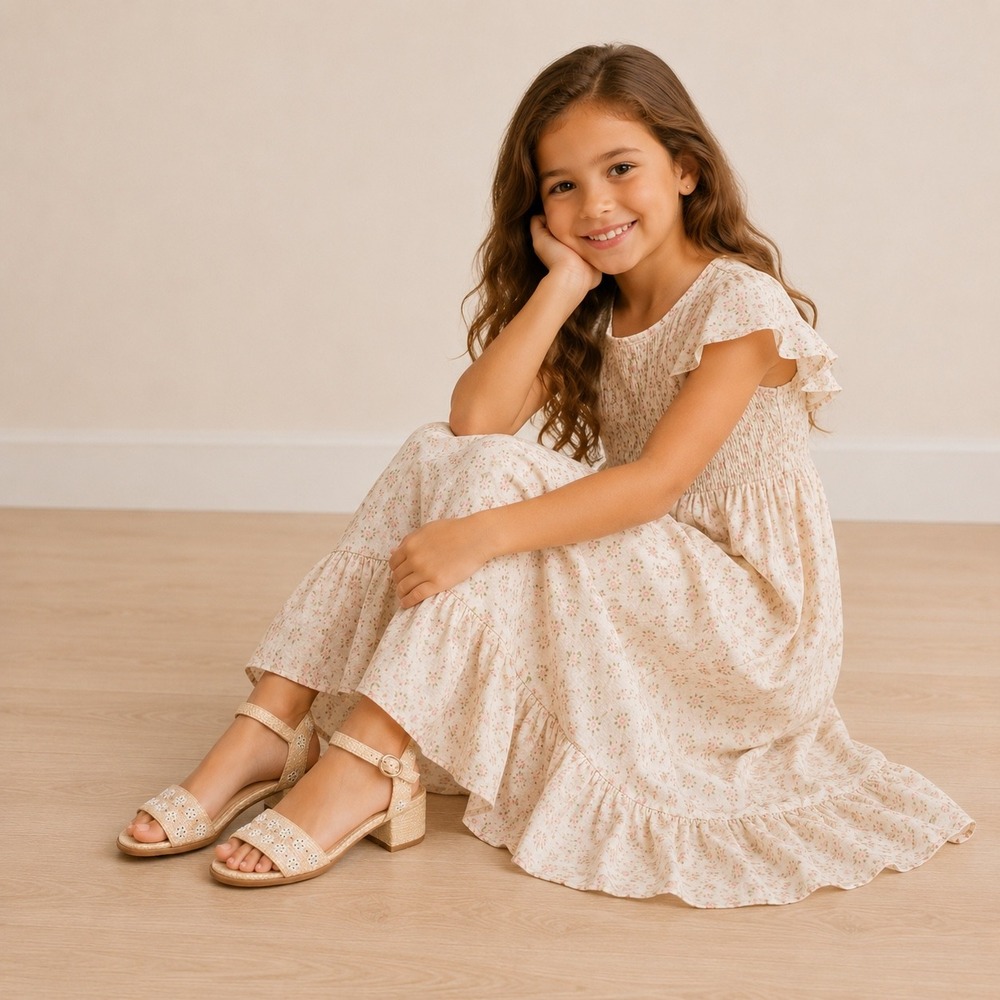 Cat & Jack Shirley Kids Tan Woven Floral Embroidered Block Heel Sandals Size 2
